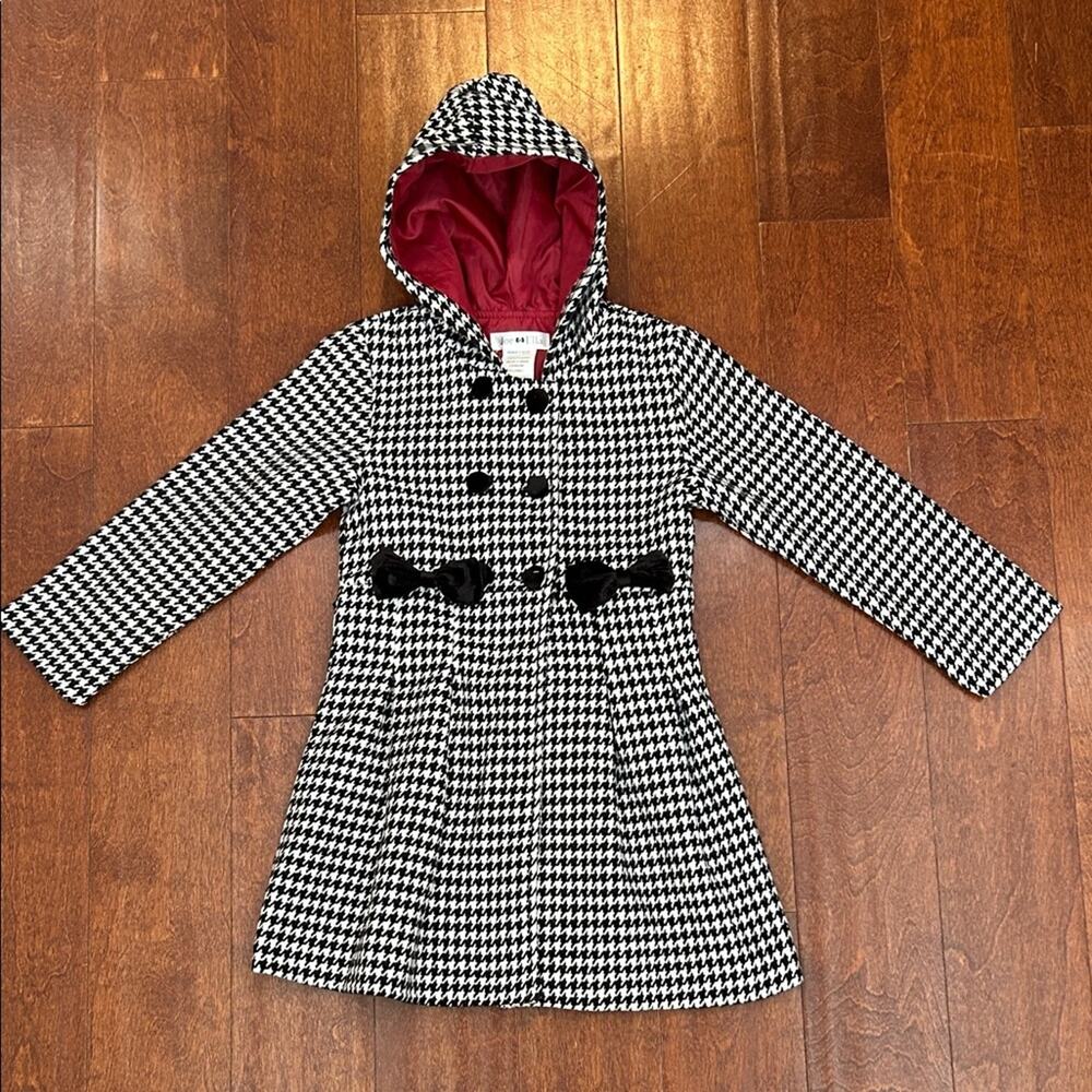 Joe-Ella Black and White Houndstooth Kids Double Breasted Coat with Bows, Size 5